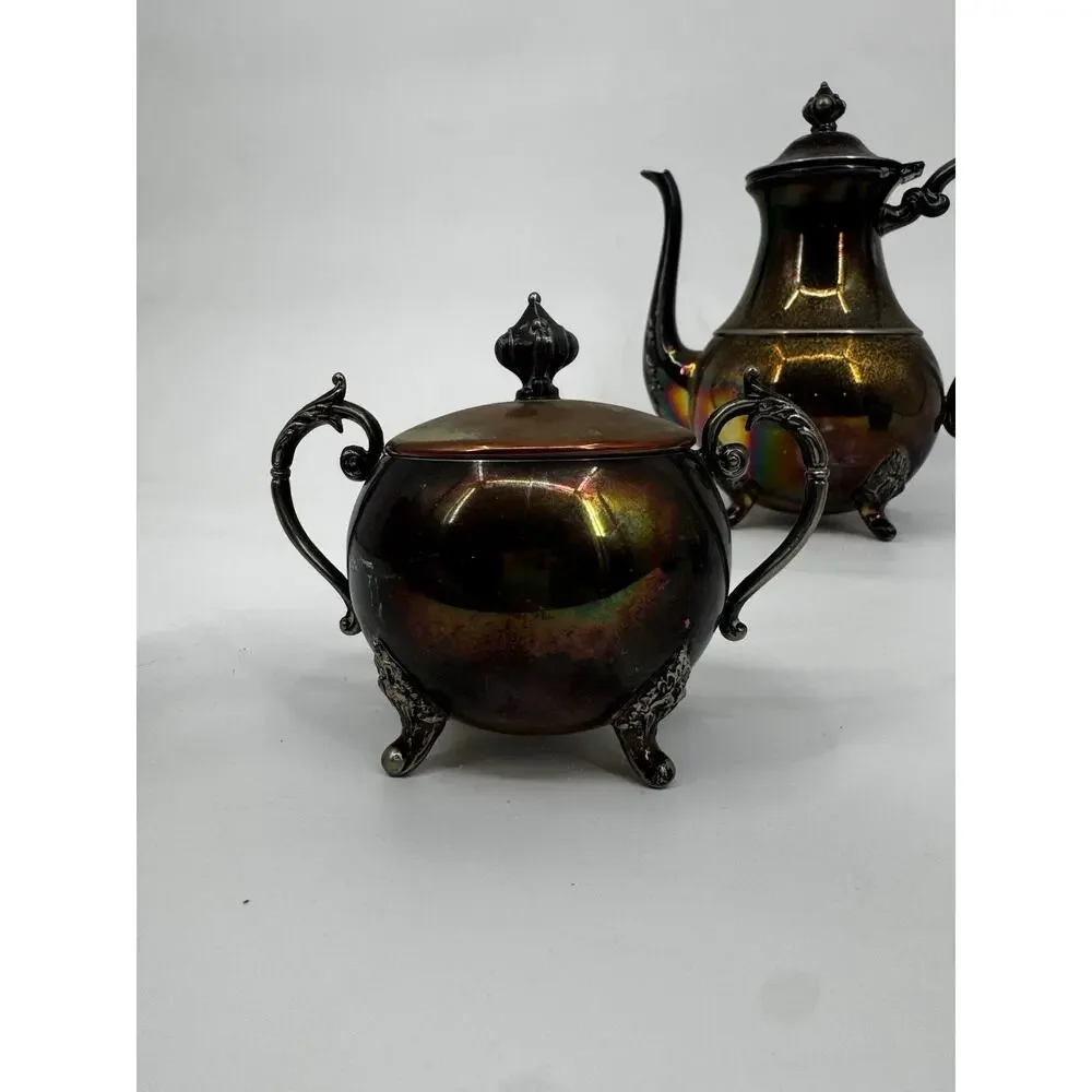 SMP Co Silversmiths Vintage Tea Set Silver on Copper Teapot Creamer Sugar